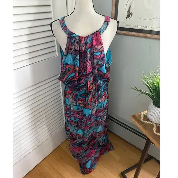 Thalia & Sodi Dress Large Blue Maxi Abstract Print Fairy Spring Goddess Glam - Picture 4 of 10